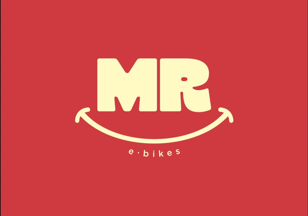 Logo of MR e-bikes on a red background